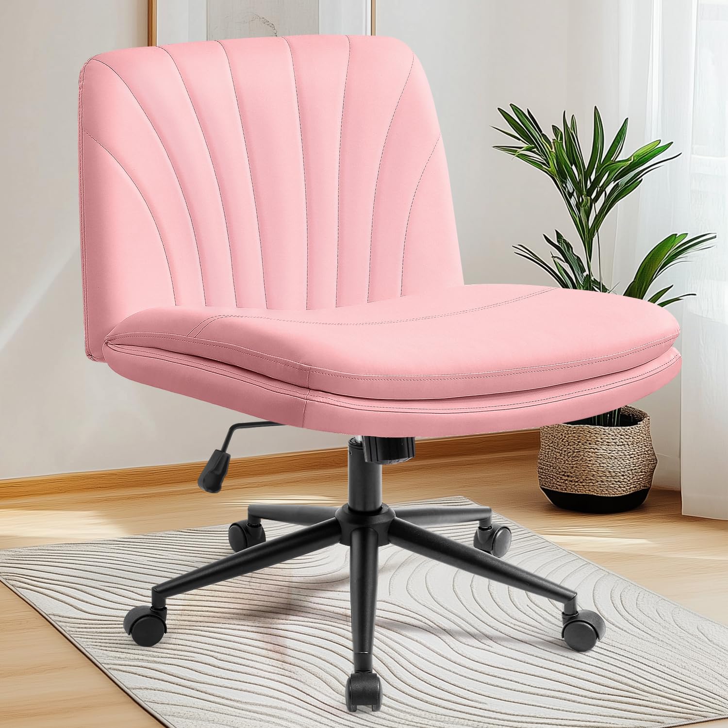 NEO Chair Criss Cross Chair with Wheels Armless Vanity Desk Office Wide Comfy Chair Cross Legged Adjustable Swivel Rolling Computer for Home Office PU Leather (Pink-Leather) Image