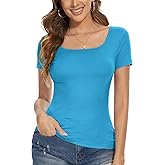 Plus Size Lake Blue Tee Shirts Square Neck Tops for Women Clothing Casual Work Short Sleeve Trendy Workout Sexy Cute Going out Summer Fitted Tshirts Ladies Fashion 2025 (Lake Blue 3XL)