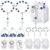 Yinkin 100 Pcs Baptism Favors Set Includes Mini Rosary, Baptism Favor Boxes, White Organza Bags and Kraft Thank You Tags 25 Sets Each for Christening Communion Baby Shower Party Decorations(Blue)