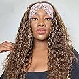 Bellarayine Highlight Ombre Blonde Deep Wave Headband Wig - 8 Inch Virgin Hair for Black Women - Curly None Lace Front Machine Made Wig 4/27 Highglight