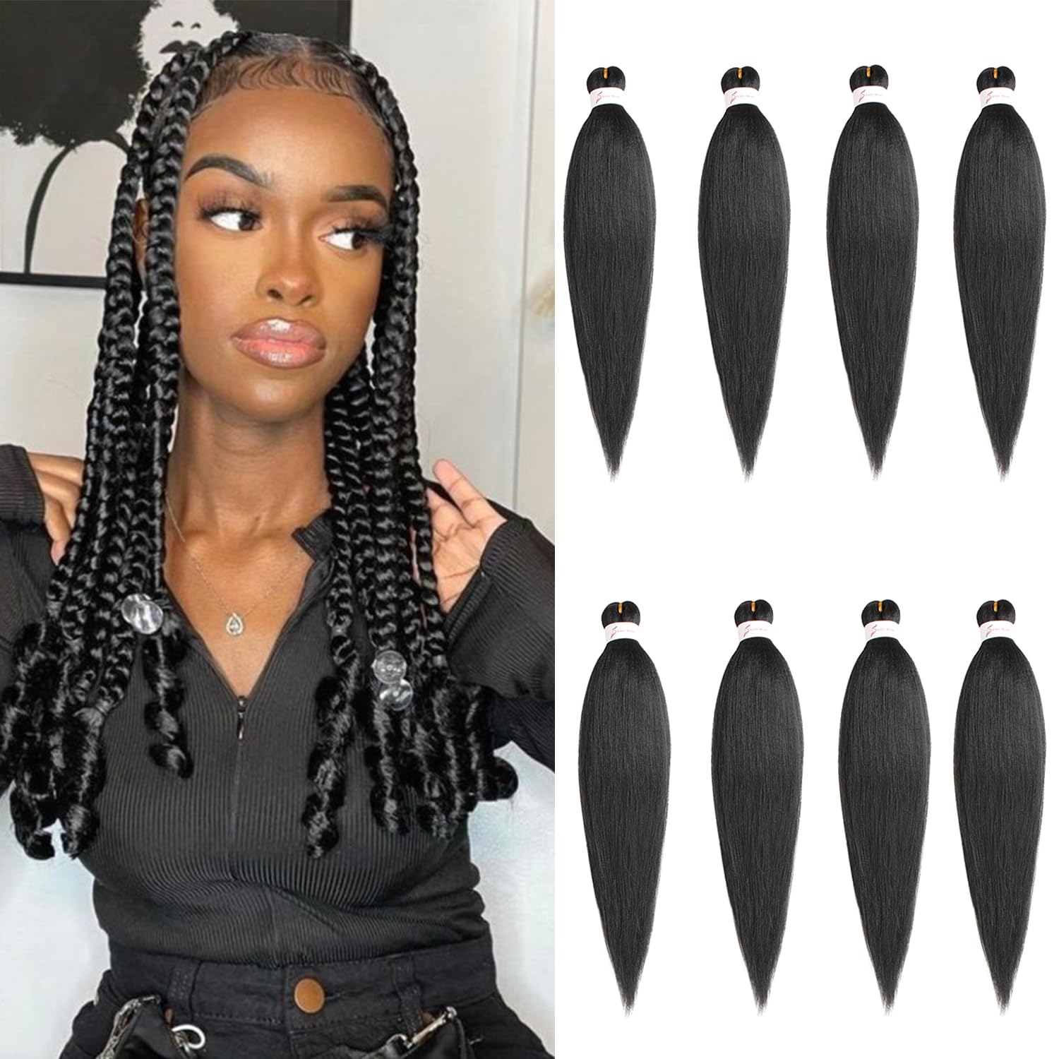 Mscat 20 Inch 8 Packs Pre Stretched Braiding Hair Black Pre Stretched Braiding Professional Synthetic Prestretched Crochet Braids Hair Extension Hot Water Setting Yaki Texture (1B#) — image 1