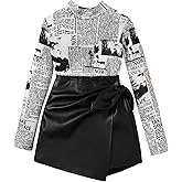 WDIRARA Girl's 2 Piece Outfits Newspaper Print Mock Neck Tee and Knot Side Wrap Pu Leather Skort Set