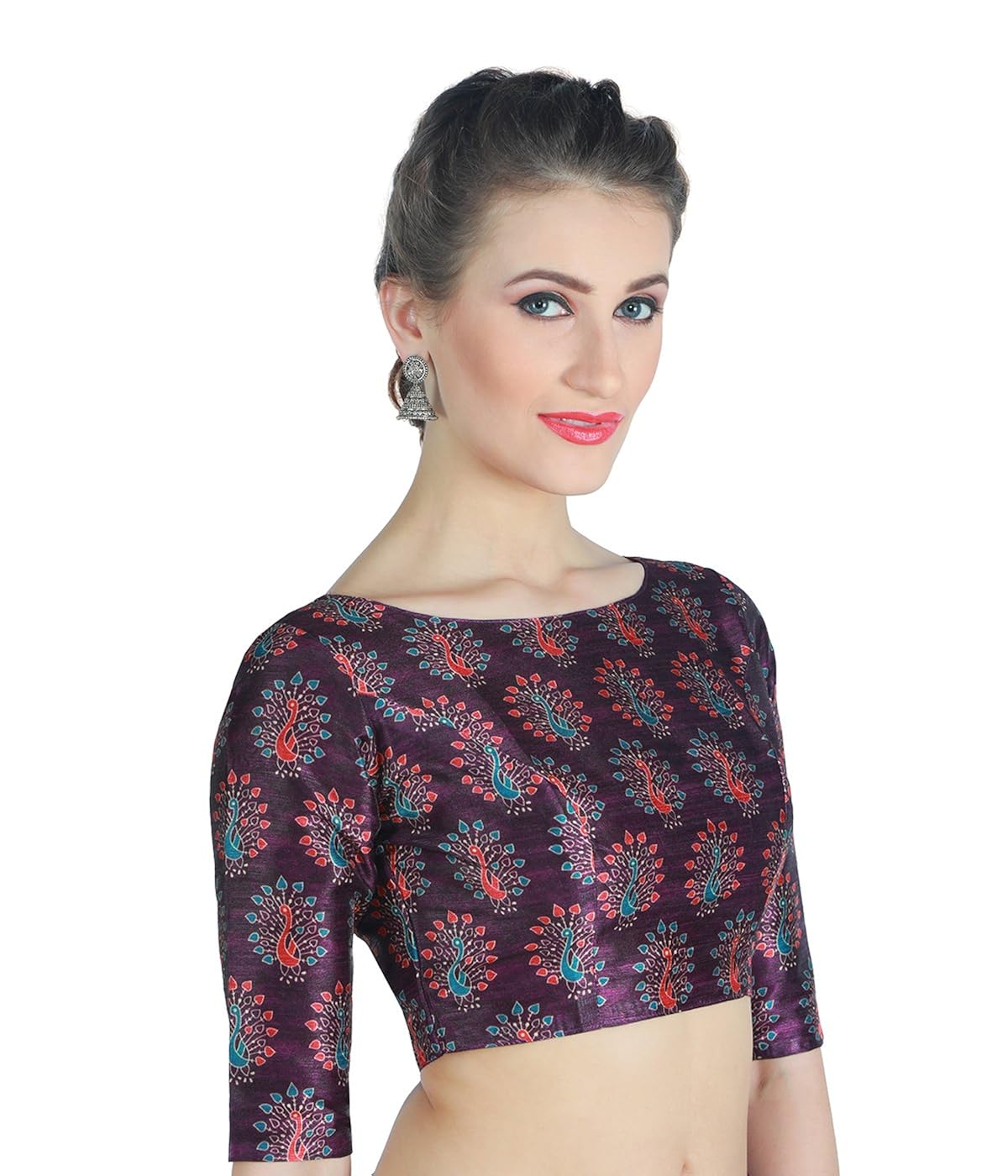 studio shringaar women's poly raw silk peacock print saree blouse