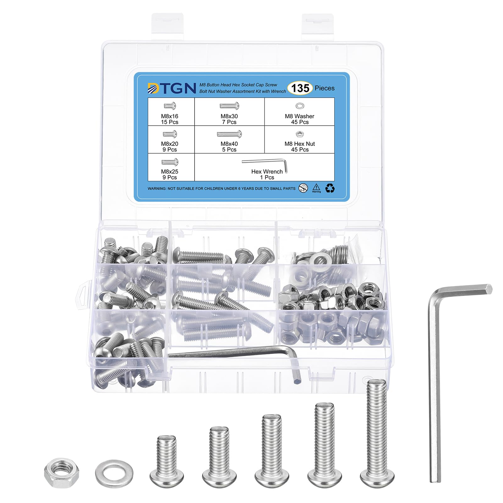 DTGN 135Pcs M8 Button Head Socket Cap Screws - 304 Stainless Steel Full Thread 16/20/25/30/40mm Bolt Nut Set Washer Assortment Kit & Wrench - Good for Machine, Furniture