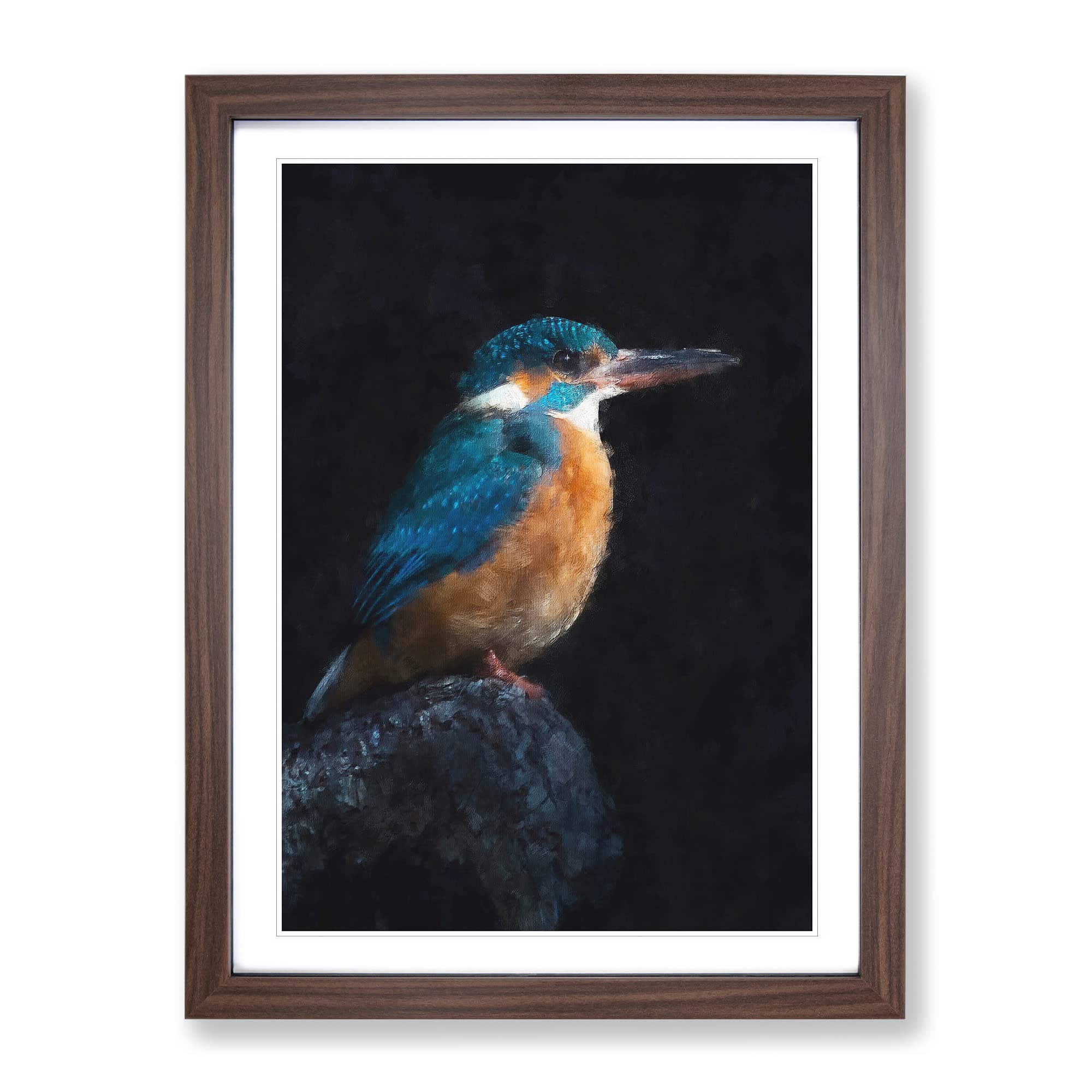 Kingfisher Bird Painting Modern Framed Wall Art Print, Ready to Hang Picture for Living Room Bedroom Home Office Décor, Walnut A4 (34 x 25 cm)