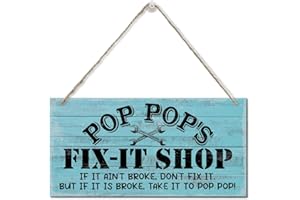 RAZPAH Vintage "Pop Pop's Fix-It Shop If It Ain't Broke, Don't Fix It. But If It Is Broke, Take It To Pop Pop" Decor Sign, Printed Wood Plaque Sign, Hanging Wood Sign Home Decor, Gift for Grandpa 12" x 6"
