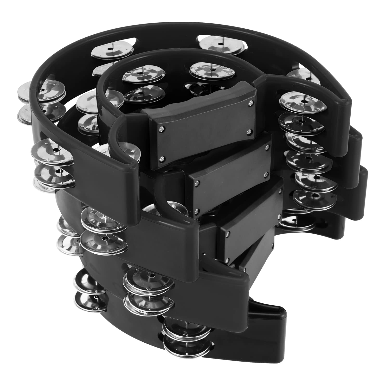 MUKLEI 4 PCS Half Moon Tambourine, Double Row Hand Held Tambourines, Plastic Hand Tambourine Percussion Instrument with 20 Jingles, for Party, KTV, Bar, Black