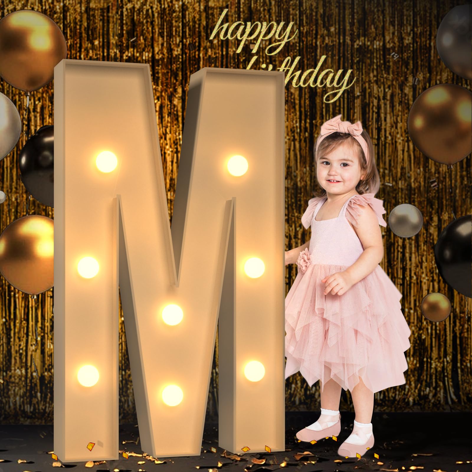 Photo 1 of Mixifox Marquee Light Up Letters, 3FT Large Light Up Letters for Party, Marquee Numbers, Mosaic Balloon Frame, Cardboard Letters for Birthday Wedding Engagement Party Backdrop Decorations, Letter M