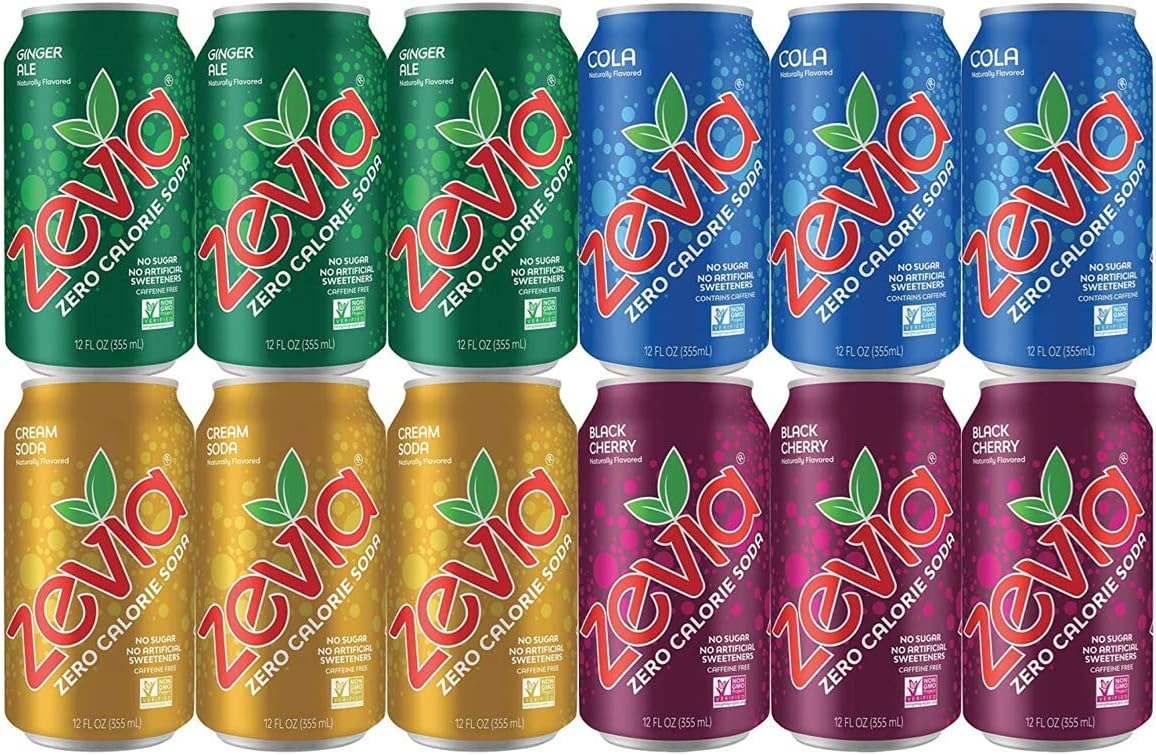 12 Pack of Soda Zero Calorie Drinks, Cream Soda, Cola, Black Cherry, Ginger Ale, Stevia Infused Sugar Free Keto Drink Cans, Organic Mini Fridge Restock Set