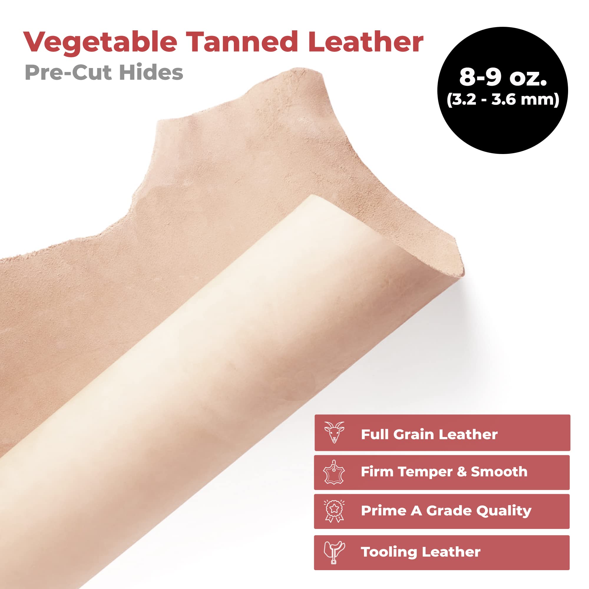 ELW Vegetable Tanned Leather Shoulder Pre-Cut 4-6 SQ FT | 8-9 oz. (3.2-3.6mm) Full Grain Leather Cowhide Craft Hobby Workshop Tooling, Repair, Carving, Dyeing, Engraving, Wet Molding