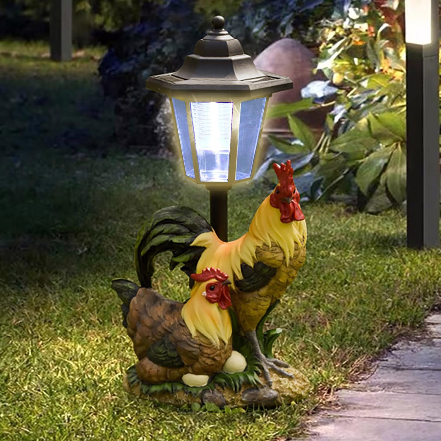 Photo 1 of JIALINXIA Solar Garden Outdoor Statues Rooster Hen Couple with Light, Outside-Outdoor Decorations Chicken Sculptures for Patio Yard Lawn Walkway Ornaments Clearance Gifts for Mom Grandma Birthday