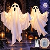 2 Pcs Glowing Hanging Ghosts Halloween Decor with Remote Control | Remote control lights with 8 modes and timer settings. Creates a spooky glow for Halloween nights