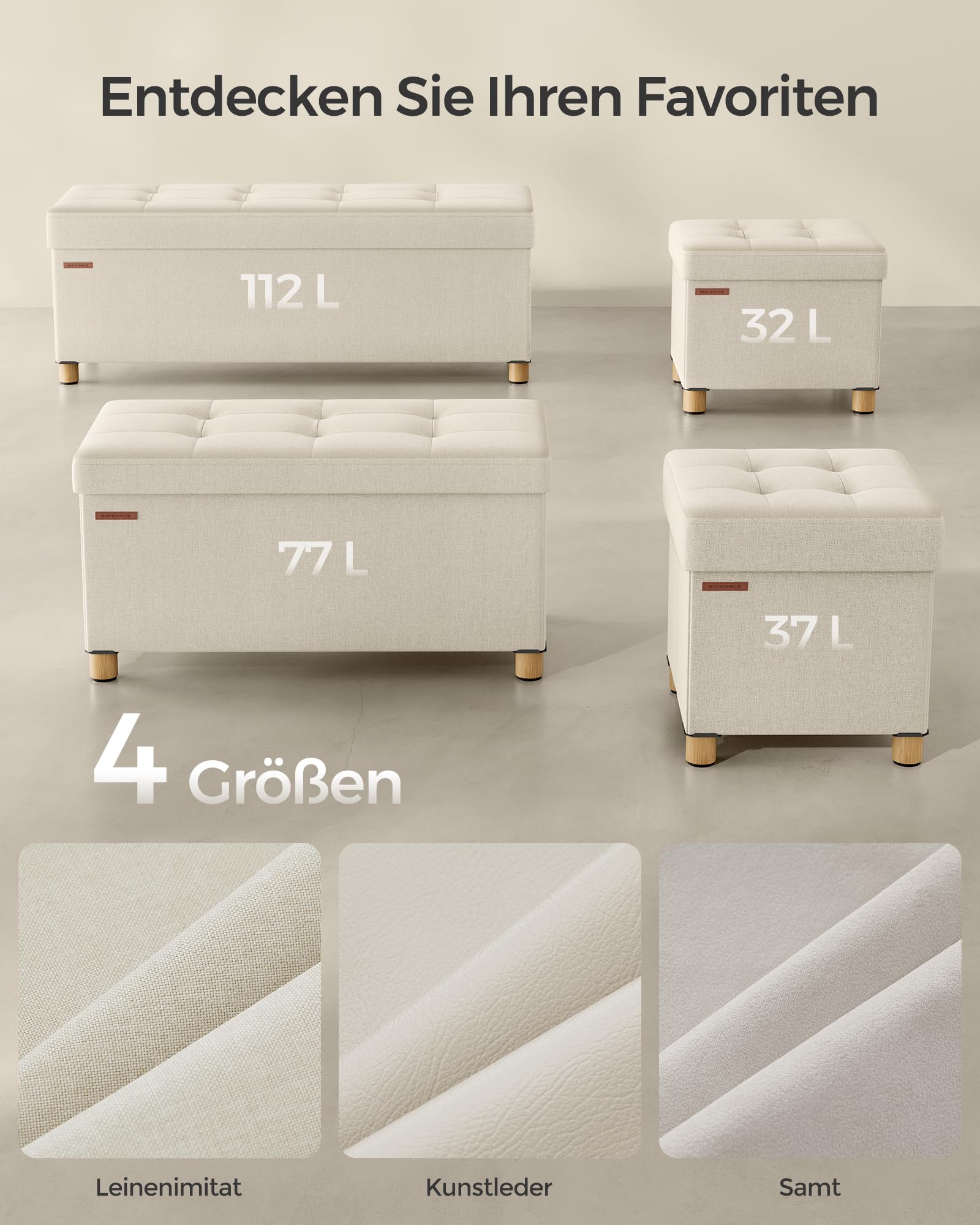 SONGMICS Sitzhocker mit Stauraum, kleine klappbare Sitzbank, 38 x 38 cm Fußbank, Aufbewahrungsbox, bis 300 kg belastbar, für Wohnzimmer Schlafzimmer Schlafsaal, cremeweiß LSF014W11 6