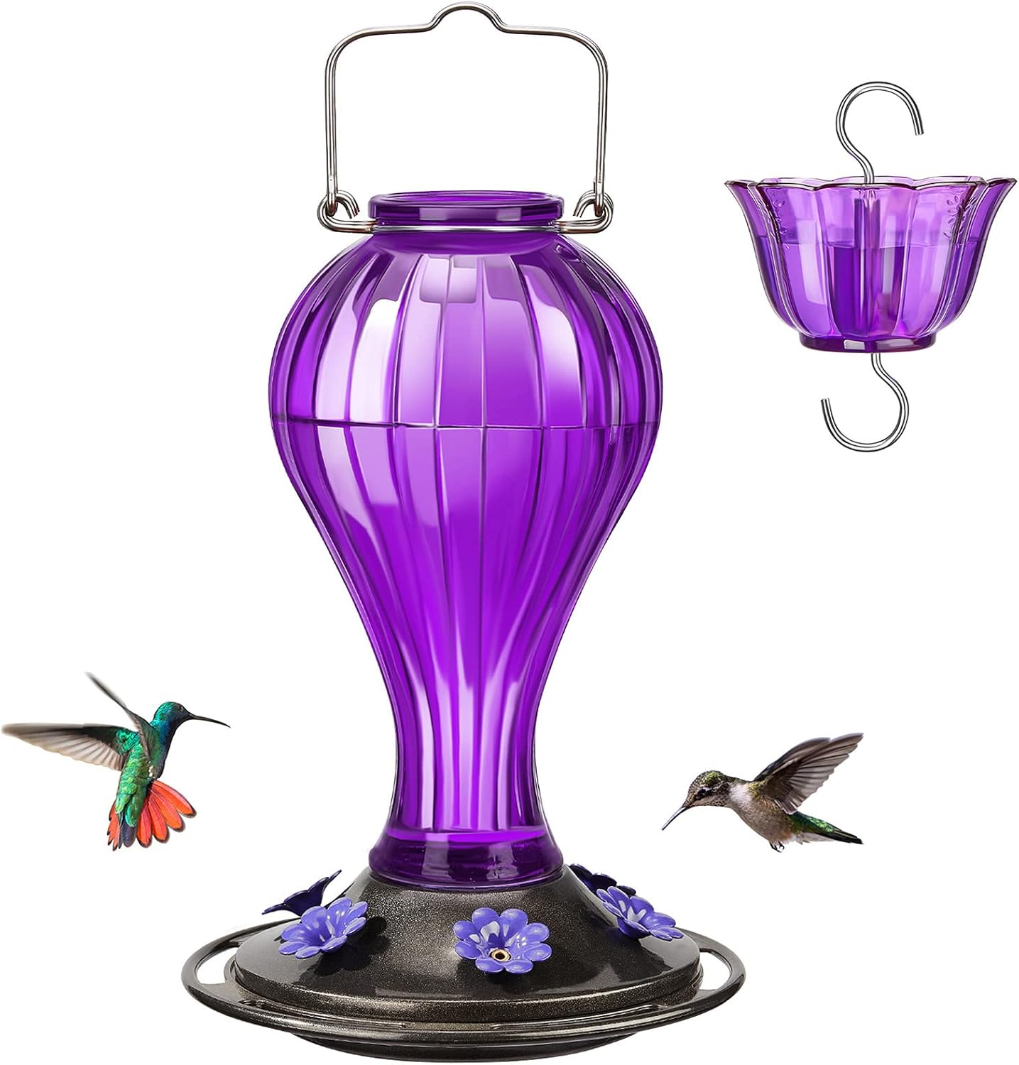 Backyard Birding & Wildlife - Kingsyard Glass Hummingbird Feeder 24 Ounces, 6 Feeding Ports, Hanging Bird Nectar Feeder for Outdoors Garden Yard Décor, Ant Moat Included, Purple