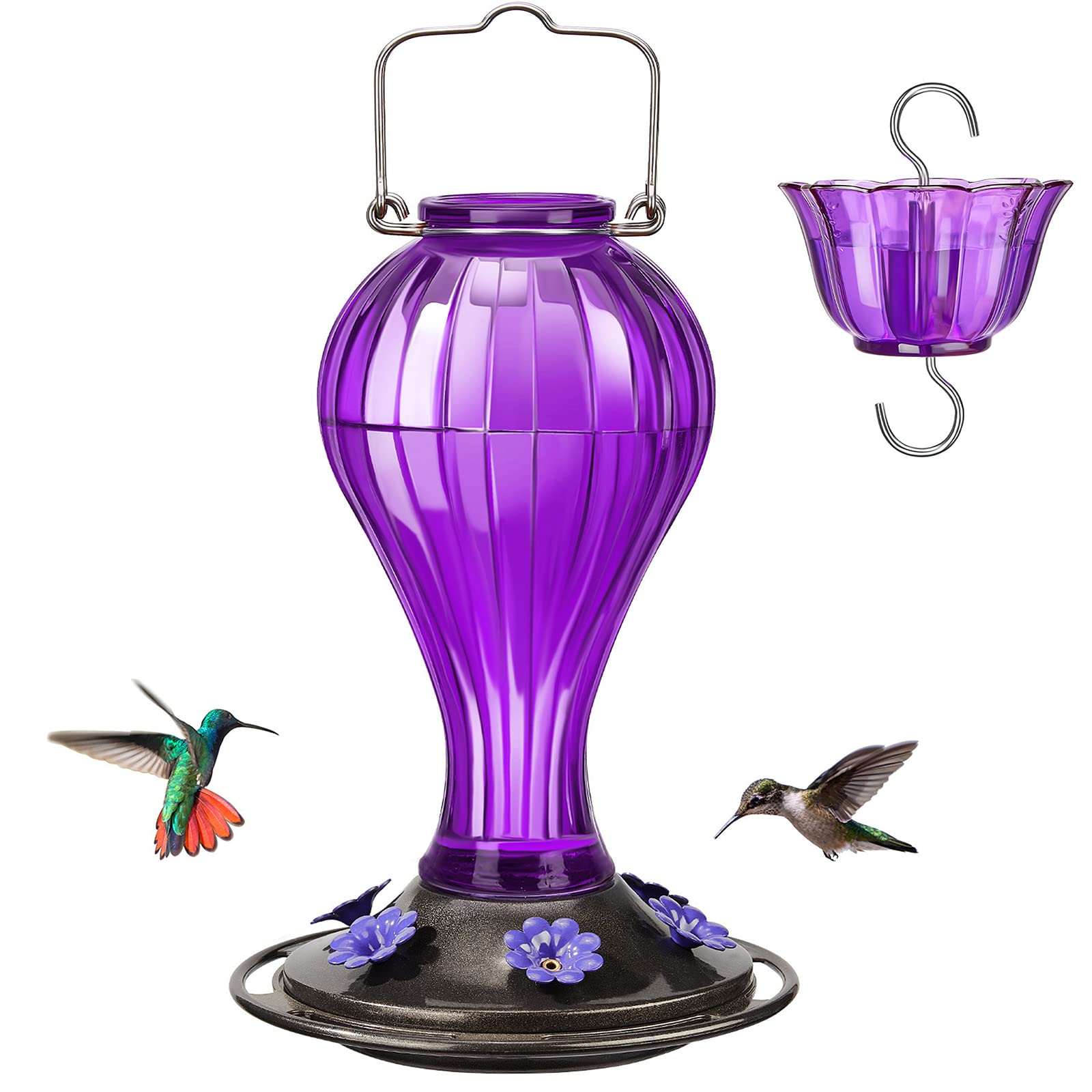 Photo 1 of Kingsyard Glass Hummingbird Feeder 24 Ounces, 6 Feeding Ports, Hanging Bird Nectar Feeder for Outdoors Garden Yard Décor, Ant Moat Included, Purple