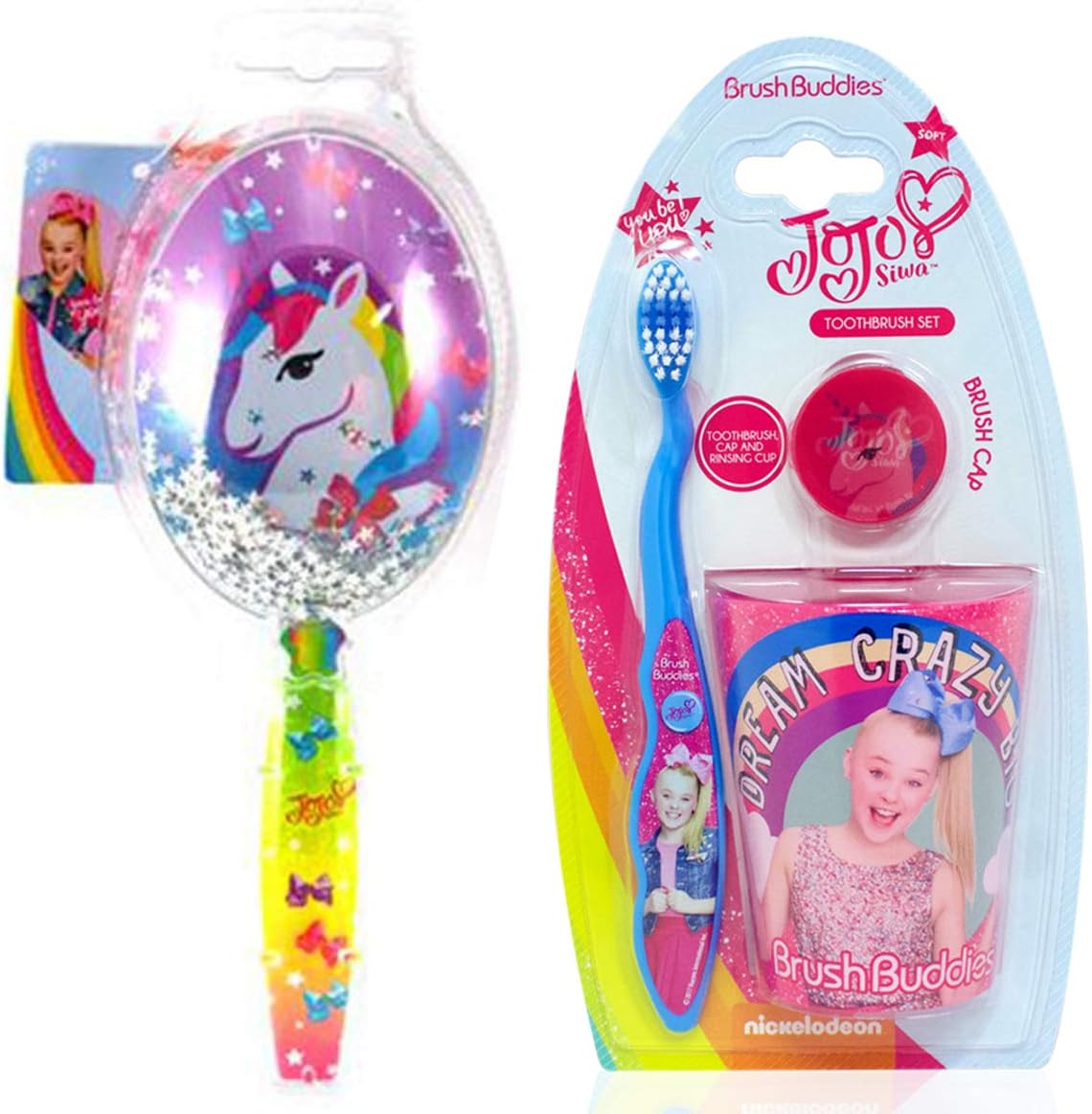 Jojo Siwa Big Girl Toothbrush and Rinsing Cup Set with Confetti Glitter Handle Unicorn Hairbrush
