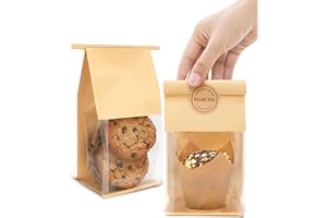 Bake Choice 50 Pcs Small Cookie Bags with Seal, 3.9x3.1x8.2 Inches Tin Tie Tab Lock Bakery Bags with Window, Resealable Paper Cookie Packaging Bag for Muffin, Treat, Brownie, Candies, Granola