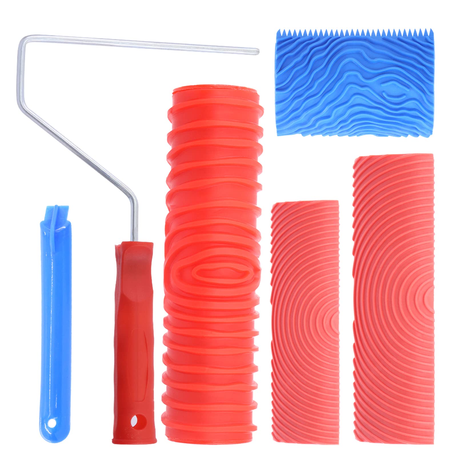 Keadic 4Pcs Wood Graining Painting Tool Set, M21 MS16 Rubber Grain Texture Pattern Roller with Handle, Wallpaper Roller Painter Wall Texture Art Painting Tool for DIY Floor Furniture Home