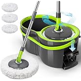 Masthome Compact Spin Mop Bucket System with Pedal Wringer Set | 3 Microfiber Mop Pads,Adjustable Stainless Handle,Hands-Free 360&deg;Spinning Mop for Hardwood, Tile &amp; Laminate Apartment Dorm