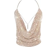 Gold Sexy Tops for Women Sparkly Deep V Neck Crop Tank Tops Cami Body Chain Top