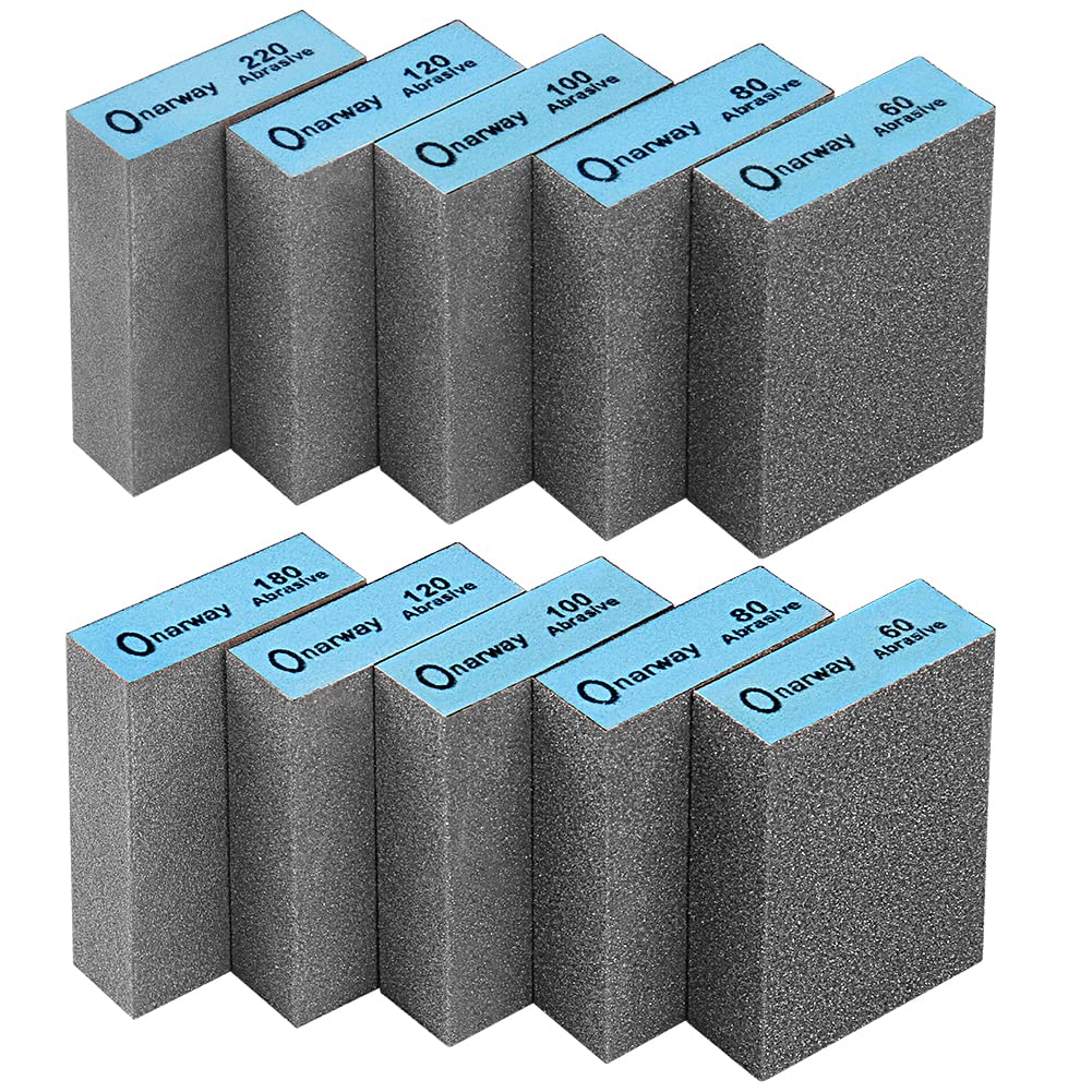 Onarway Sanding Blocks 10 Pack, Coarse and Fine Sanding Sponges - 60/80/100/120/180/220 Grits 6 Different Specifications, Wet and Dry Dual-use, Washable and Reusable