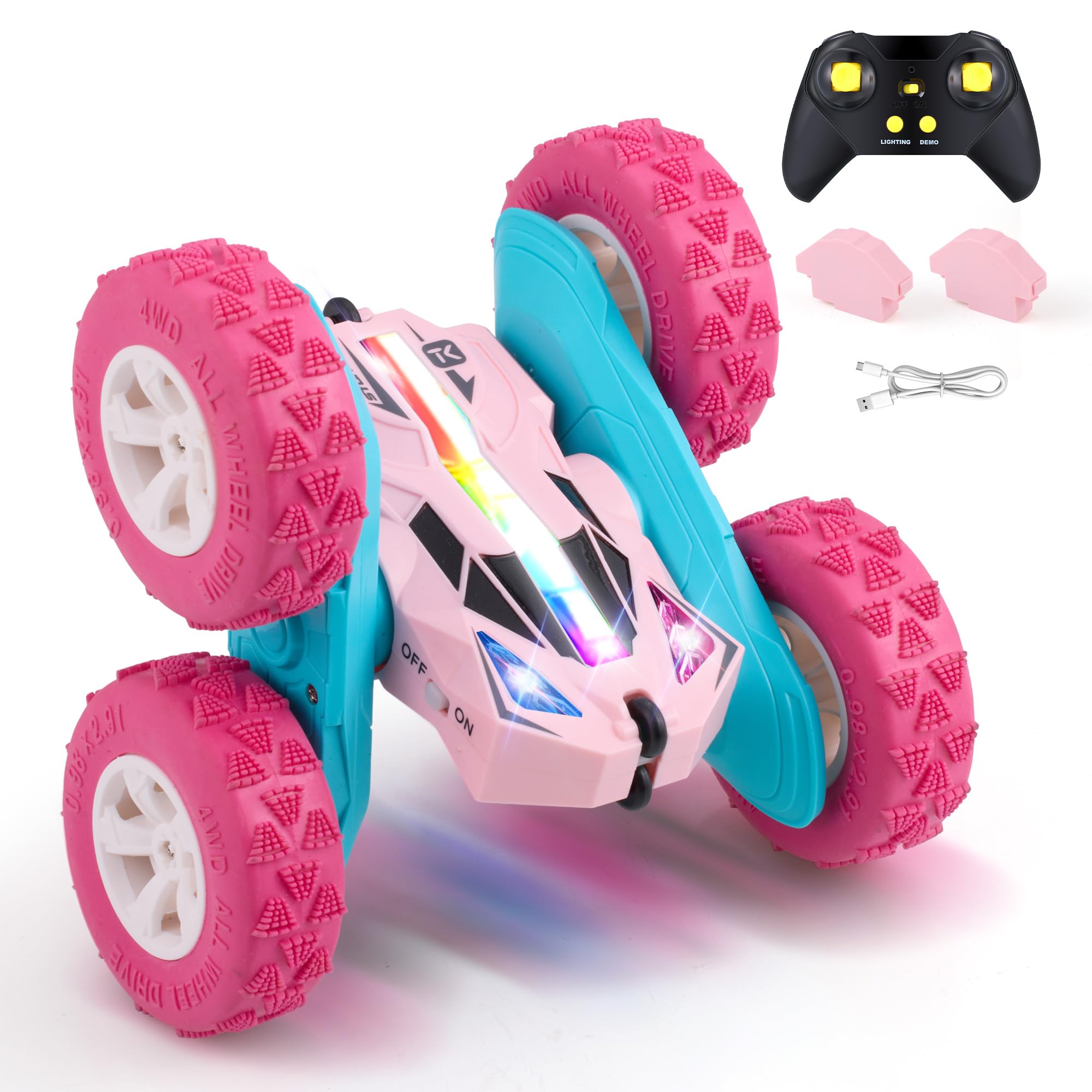 Threeking Remote Control Car RC Cars Toys for Girls Boys Ages 6-12, Upgraded USB-C Modular Batteries, 4WD Stunt Car with Breathing Soft Lights, Double-Sided Driving & 360° Flips, Presents Gifts, Pink Image