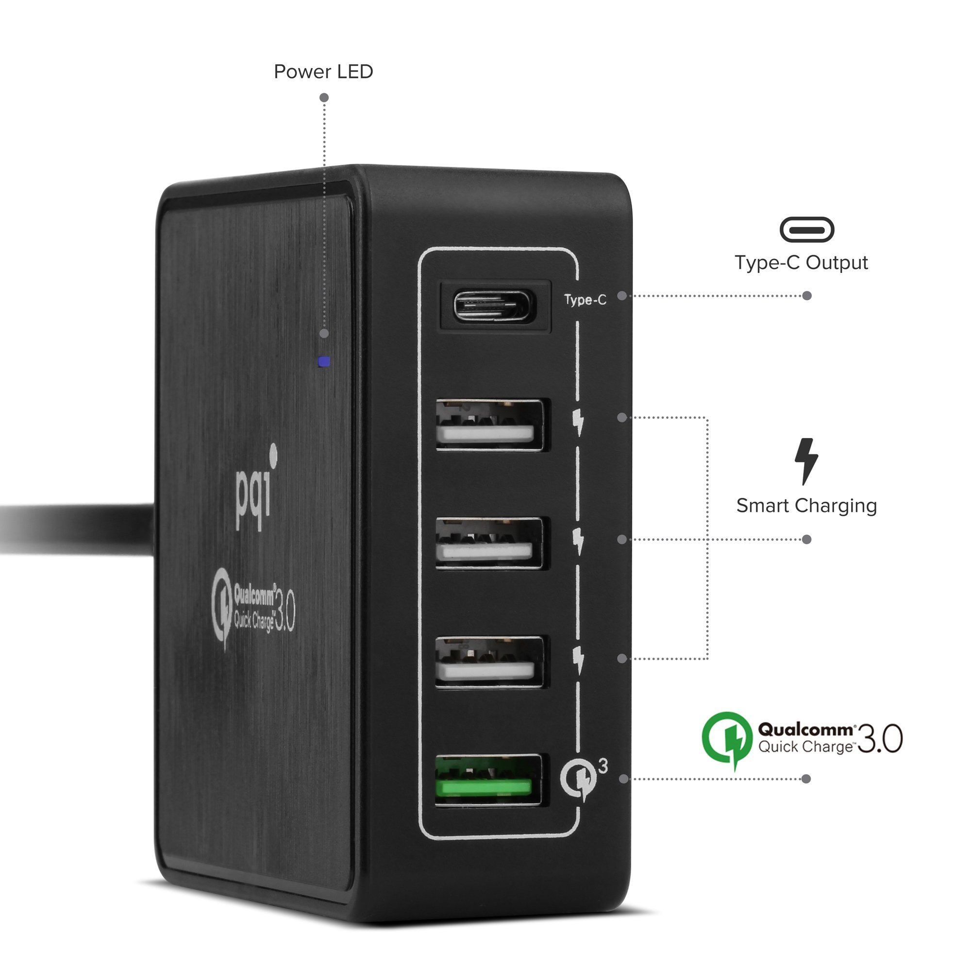 Multiple USB Wall Charger, PQI i-Charger 40W 5-Port Quick Charge 3.0 & Type C with Charging Station for Apple iPhone, iPad, HTC, Samsung Galaxy S7/S6/Edge, LG G5