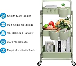 Foldable 3 Tier Rolling Cart, Metal Utility