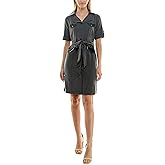 Sharagano Womens Belted Shirtdress with Short Roll Tab Sleeves