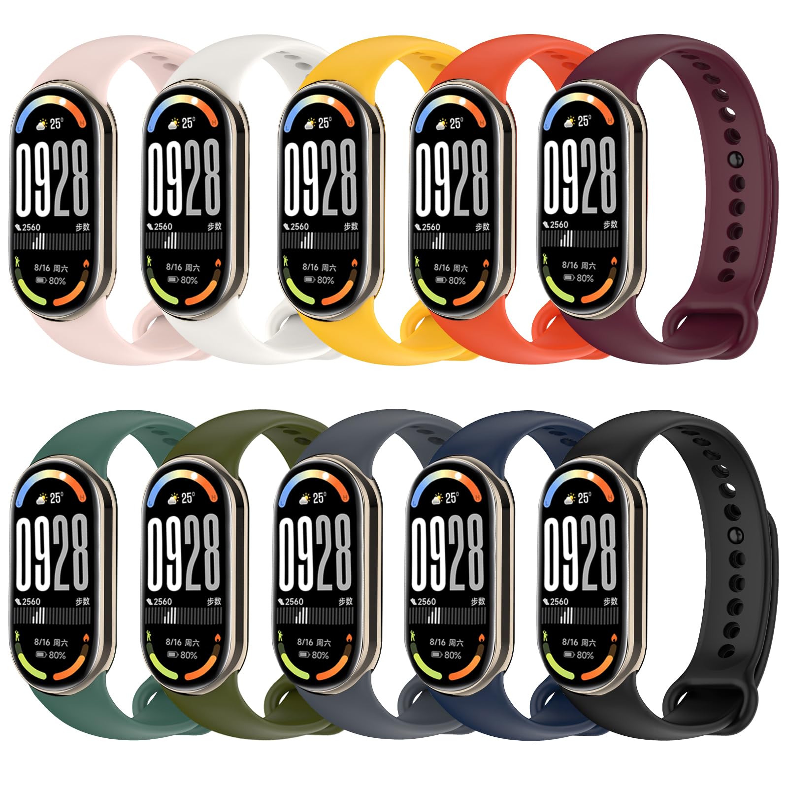 Xisair 10PCS Straps Compatible with Xiaomi Band 8 - Multicolour Silicone Sport Strap, Waterproof, Breathable, Suitable for Xiaomi Band 8 NFC