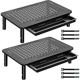 BONTEC 2 Pack Adjustable Monitor Stand Riser with Drawer, Supports 44lbs | Ergonomic Mesh Platform for Desk, Ventilated Laptop and PC Use with Cable Management for a Cooler, Organized Workspace
