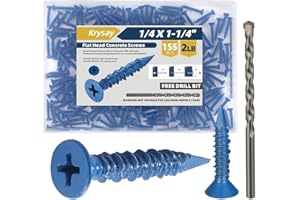 Krysay 155Pcs 1/4 x 1-1/4 in Concrete Screws with Drill bits,Masonry Screws for Concrete Assortment Kit,Flat Head Block Cement Stacoo Screws and Anchors,Diamond Point,Blue Coated(2LB)