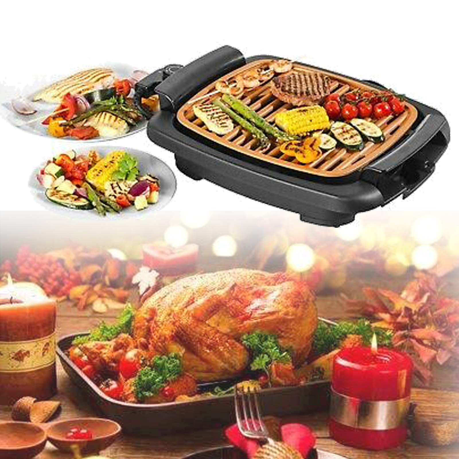 Electric Grill Non-smoke Grill Nonstick Electric Grill Temp Control Fast Heating, Tabletop Square Gr
