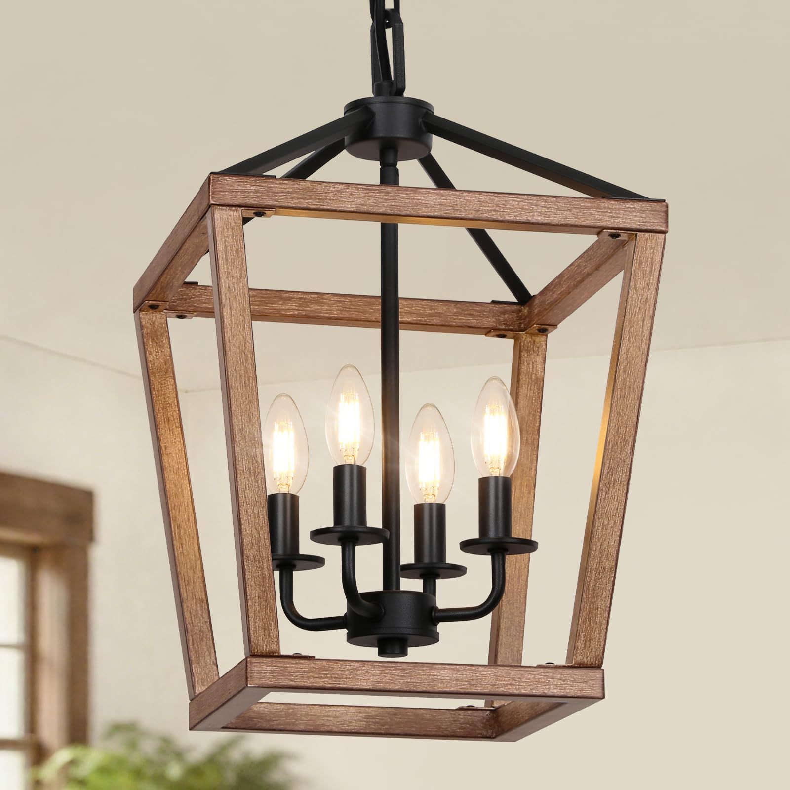 Photo 1 of 4 Light Farmhouse Chandelier, Lantern Ceiling Light Fixture with Brushed Rustic Wood Metal Cage and Adjustable Chain, E12 Base Geometric Hanging Lights for Dining Room Kitchen Island Entryway, Indoor