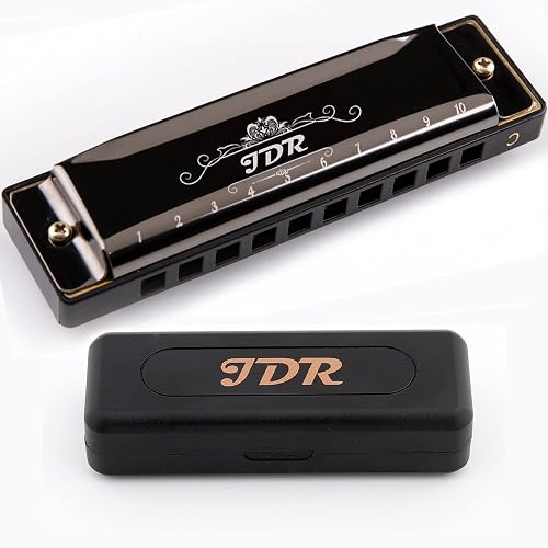 JDR Harmonica C, Harp 10-Hole Diatonic Blues, for Kids Beginners Adults | Black, Mouth Organ with Carrying Case, Clean Cloth, Manual, For Teenagers Teacher Parents Students New Year Gift