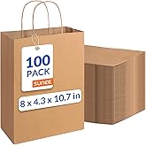 SUNEE 100Pcs Brown Paper Bags with Handles, 8x4.3x10.7 Inchs Gift Bags Bulk Medium Size, Kraft Paper Gift Bags for Party, Favor, Shopping, Grocery,Craft, Takeout Packaging and Bakery