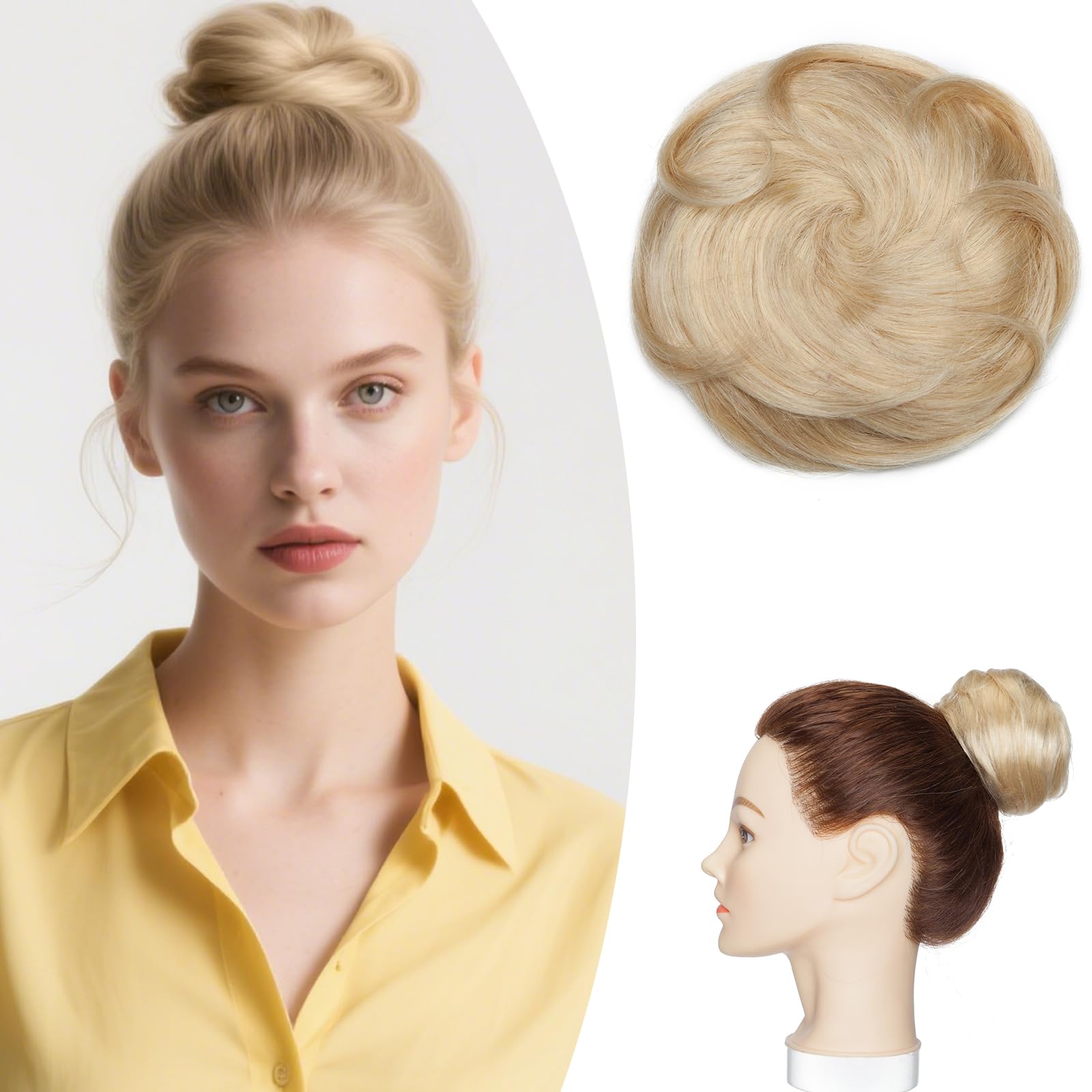 SEGO Human Hair Scrunchies Buns Updo Hair Pieces 100% Real Remy [#613 Bleach Blonde] One Piece Hair Extension Messy Chignon for Women Drawstring Ponytail Curly Wavy (30g)