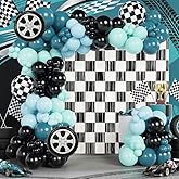 BlissBash 132Pcs Race Car Balloon Arch Garland Kit With Dusty Blue Teal Blue Black Checkered Wheel Balloons Checkered Fringe Curtain for Two Fast Theme Birthday Decorations, Fast One Party Backdrop