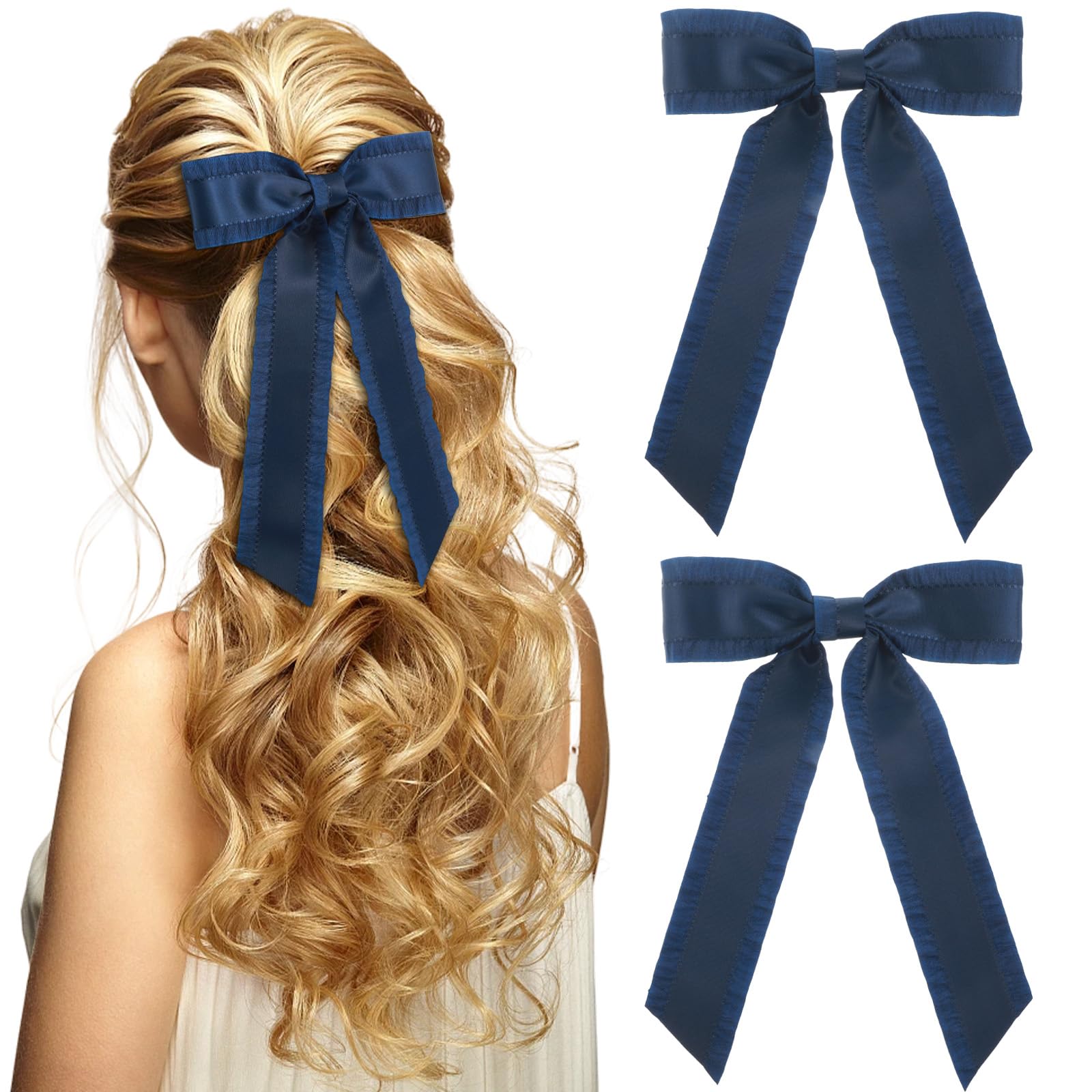 Photo 1 of 2Pcs Navy Blue Hair Bows for Women Girls, 5.5 Inch Navy Blue Tassel Ribbon Bowknot Hair Clips Barrettes with Long Tail Vintage Dress Outfit Decor Accessory