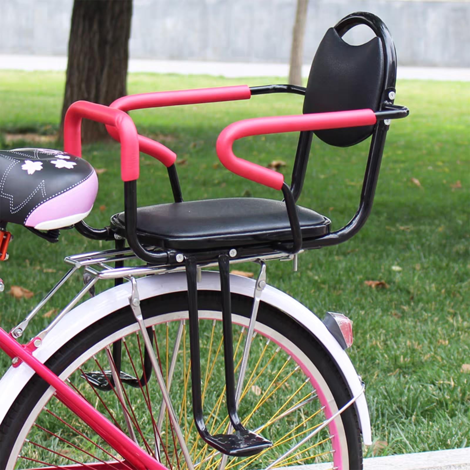 HYYTEIBL Kids Bicycle Seat, Rear Frame Child Carrier Bike Chair, Back Mount with Handrail and Safety Belt for Children, Toddlers