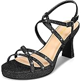 PIZZ ANNU Women's Stellora Platform High Heels Block Chunky Strappy Sparkly Rhinestone Open Toe Ankle Strap Dress Pump Sandals Shoes for Party Wedding