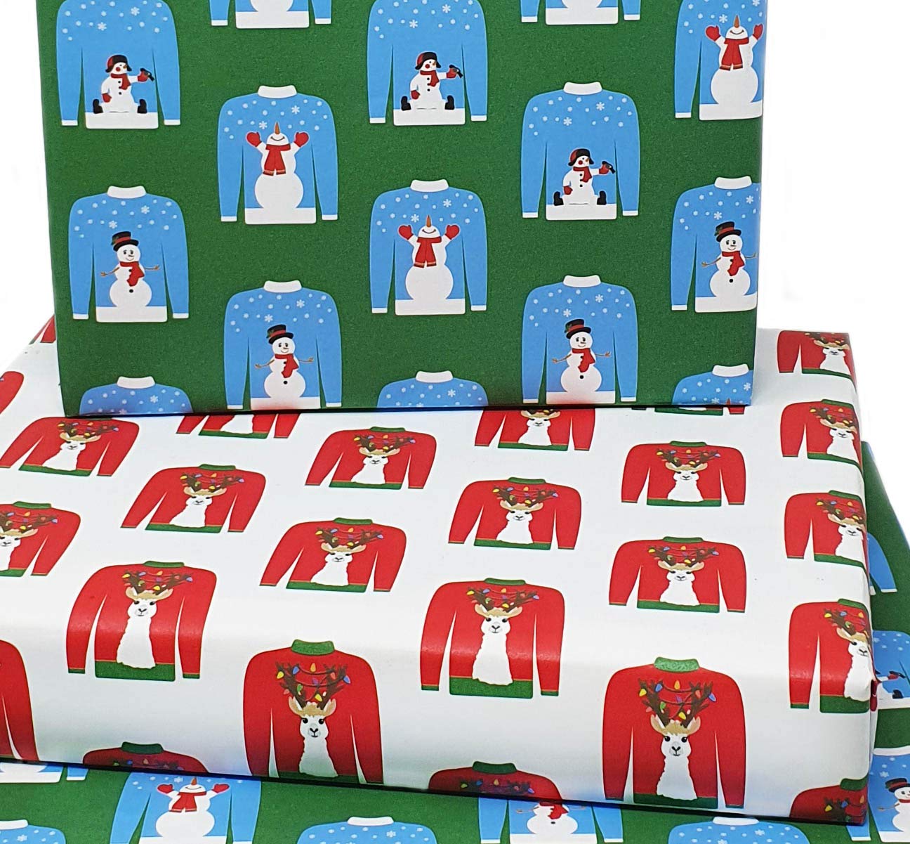 4 x Funny Eco Christmas Jumper Wrapping Paper Sheets 70cmx50cm. Premium Recyclable Xmas Gift Wrap Designed & Made in The UK from 100% Recycled Paper