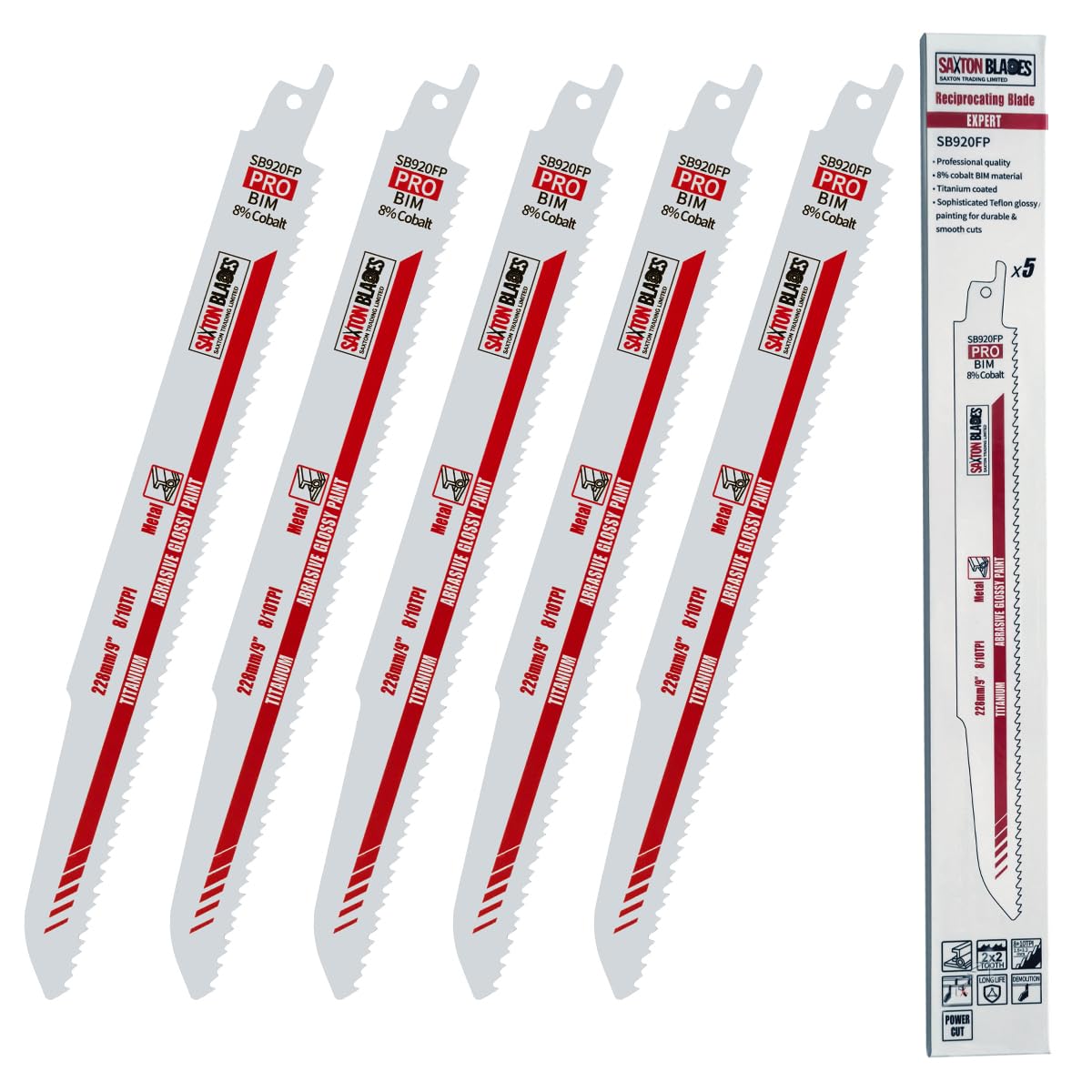 Saxton 225mm Professional Range Bi-Metal 8% Cobalt Reciprocating Saw Blade Wood Metal Plastic Heavy Duty Demolition – SB920FP – Pack of 5
