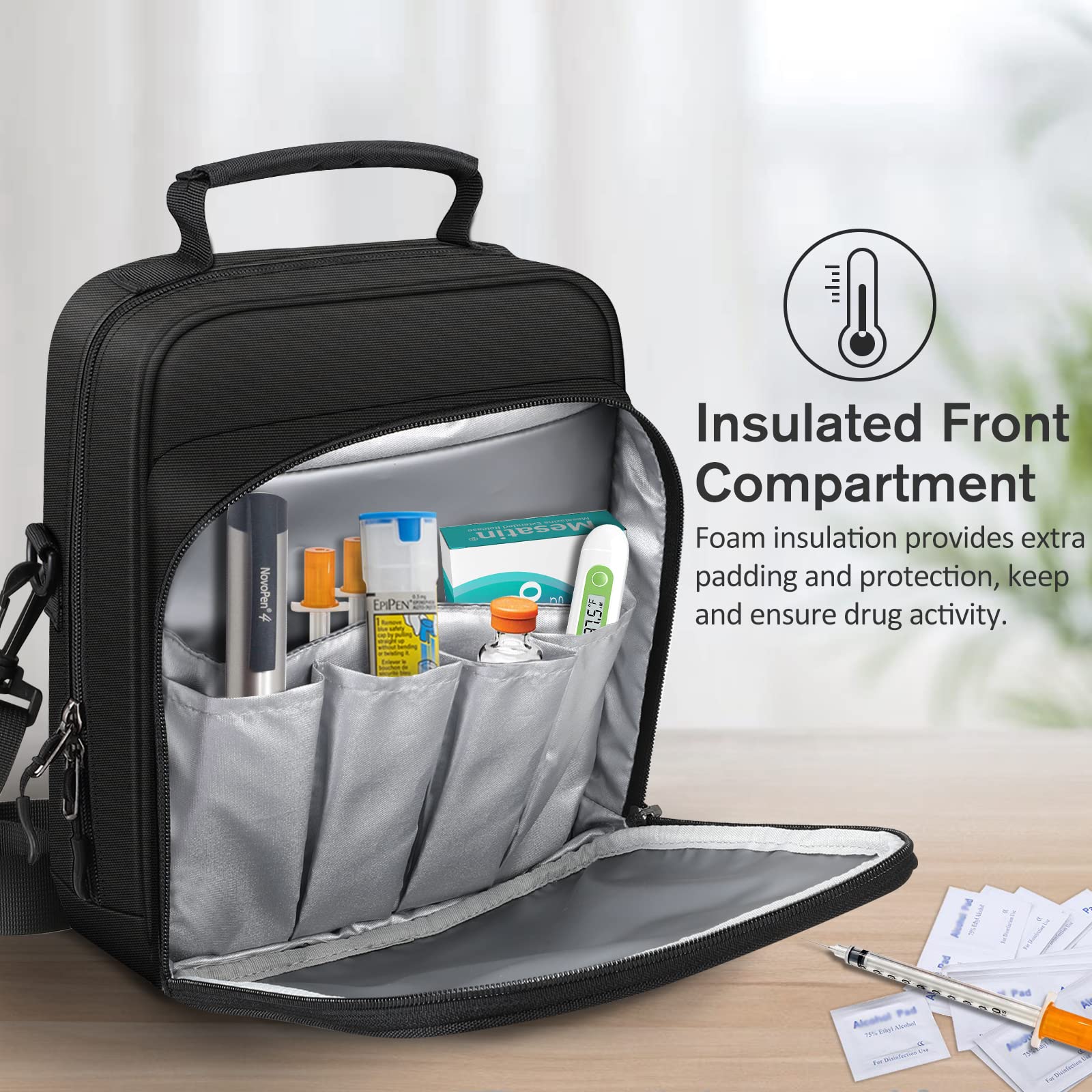 MEDMAX Insulin Cooler EpiPen Carrying Case Insulated, Travel Medication Diabetes Supplies Organizer Bag with Shoulder Strap for Asthma Inhaler, Auvi-Q, Allergy Medicine Essentials (Black)