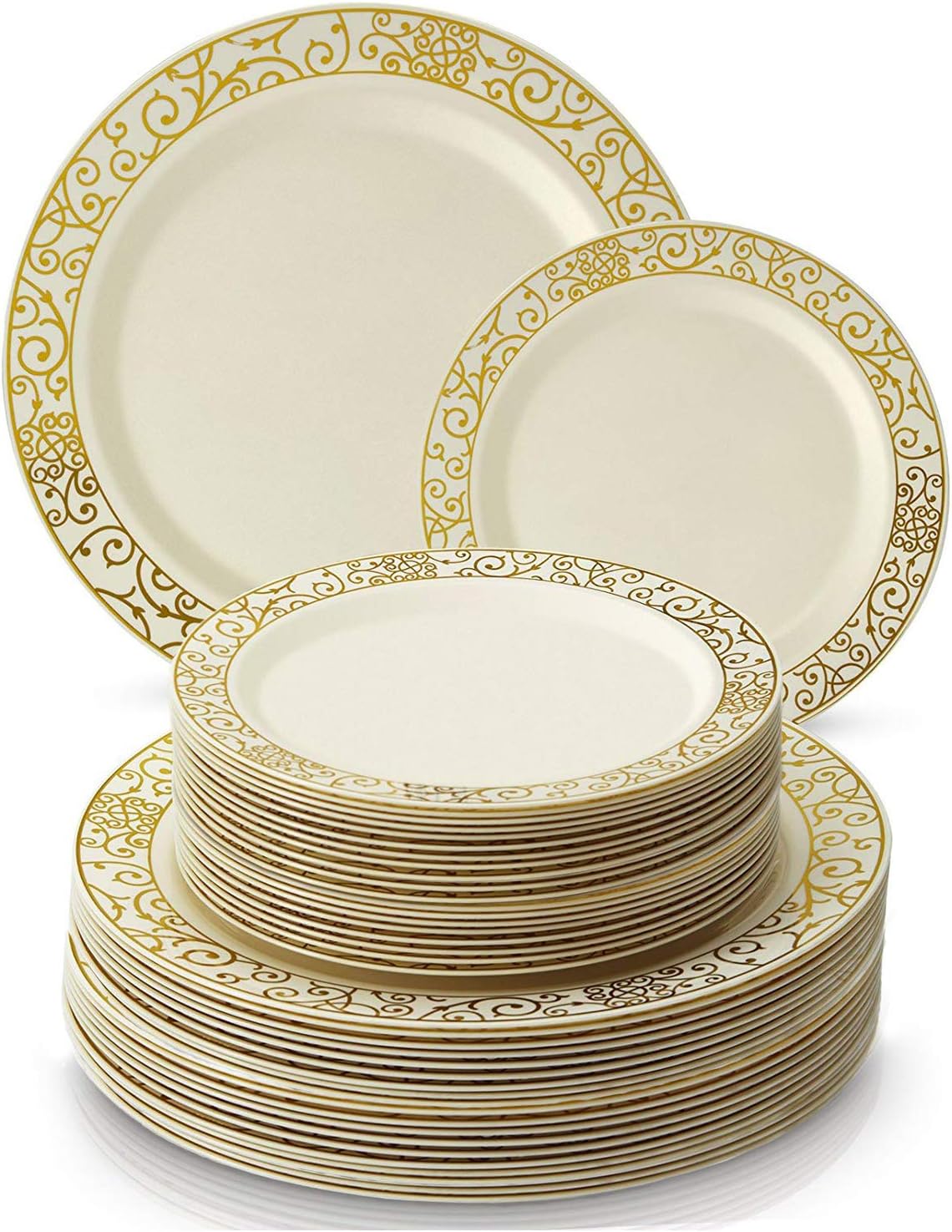 ELEGANT DISPOSABLE 240 PC DINNERWARE SET | 120 Dinner | 120 Side Plates | Heavy Duty Disposable Plastic Dishes | Elegant Fine China Look | for Upscale Wedding and Dining (Venetian Collection - Gold)