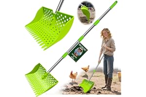 HUMUMU 12-Inch 2-in-1 Chicken Poop Scooper & Rake – US Patent Pending – 3-Shape Sifting Holes Chicken Coop Rake，Stainless Steel Handle （20–61"）– Litter Scoop Sand & Sifting Shovel for Chicken Coops(Green)