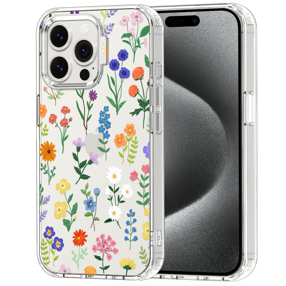 MOSNOVO Case for iPhone 15 Pro Max, [Buffertech 6.6ft Military-Grade Drop Protection] [Anti Peel Off Tech] Clear TPU Bumper Phone Case Cover Design - Botanical Floral