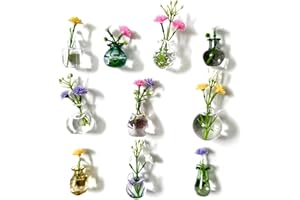 Tiny Vase Fridge Magnets, Mini Vase Magnets for Fridge, Set of 10 Magnetic Mini Vases with Artificial Flowers, Cute Refrigera