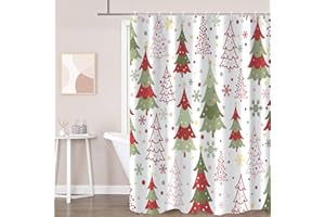 GKLEASG Merry Christmas Shower Curtain, Winter Xmas Tree Snowflake Holiday Red and Green Waterproof Fabric Machine Washable for Bathroom Bathtub Decor with Hooks 72"x72"