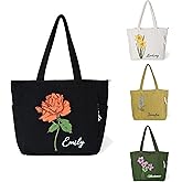 BYFDIY Custom Cute Corduroy Tote Bag With Zipper Side Inner Pocket Large Personalized Name Birth Flower Tote Bag for Work Everyday Travel Church Birthday Gifts for Women Mother Size 15.7*3.9*12.9INCH